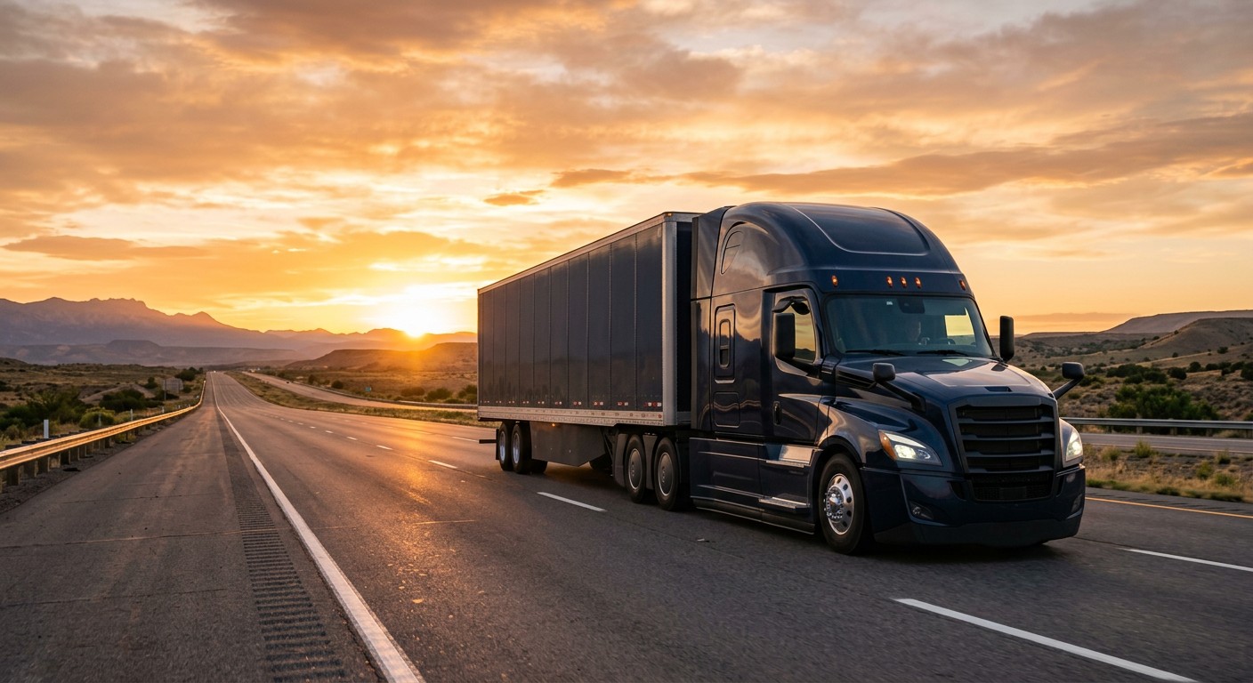 Semi truck driving on a highway at golden hour