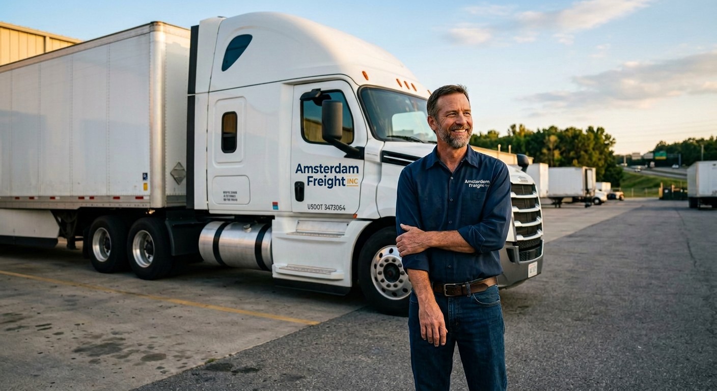 Professional truck driver standing next to a semi truck